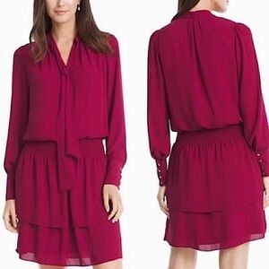 NWOT~Feminine Flowy Neck Tie Blouson Smocked Mini Dress